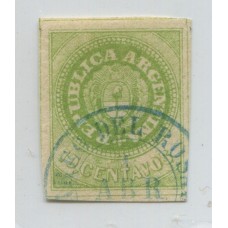 ARGENTINA 1862 GJ 11 ESCUDITO DE 10 Cts. ESTAMPILLA USADA CON MILIMETRICO ADELGAZAMIENTO QUE HAY QUE BUSCARLO CON LUPA, DE GRAN FRENTE Y FRESCO COLOR MAGNIFICO EJEMPLAR U$ 275